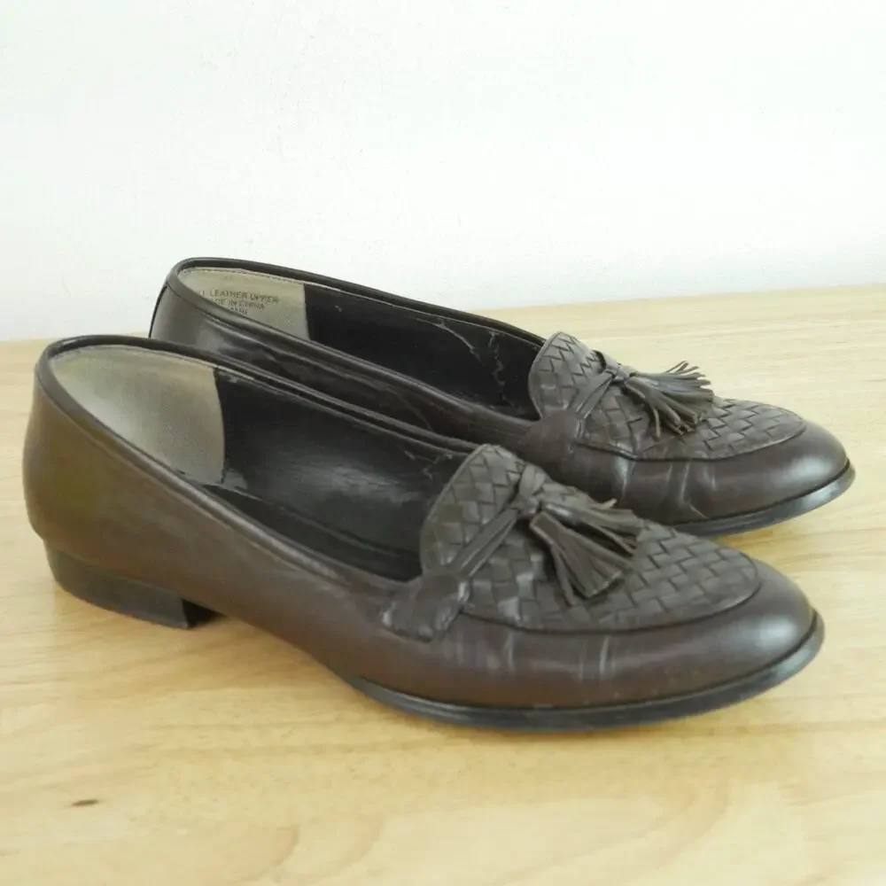 Vintage 8 Woven Leather Tassel‎ Loafers Preppy Slip On Flats Heritage Brown 90s